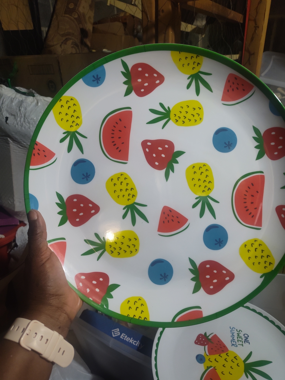 Colorful Fruit Print Dinner Plate - Green Rim Both For $12.00